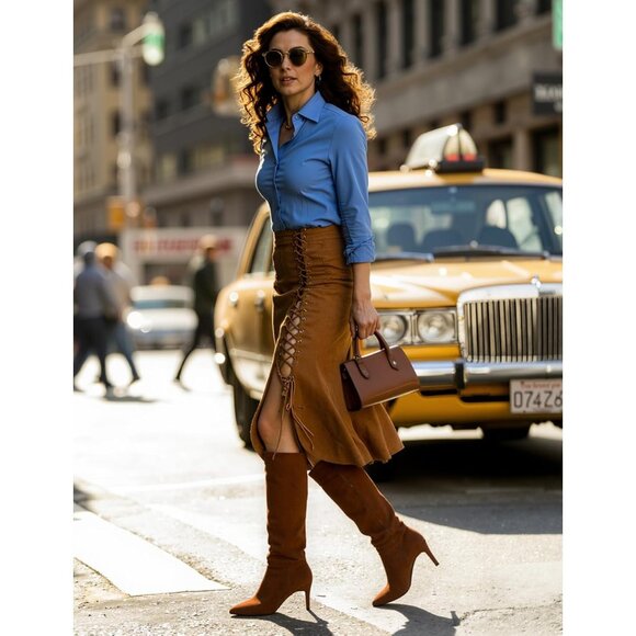 Women Brown Suede Faux Leather Pointed Toe Tall  Stiletto High Zipper Dress Boot - Picture 4 of 8